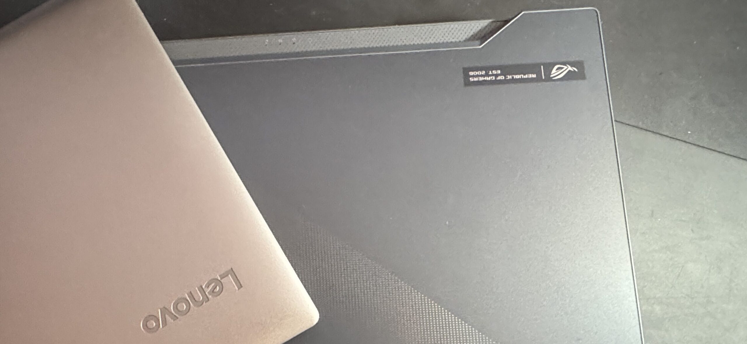 collection of laptops on desk, lenovo s130, Lenovo Thinkpad T480 and Asus Zephyrus M15